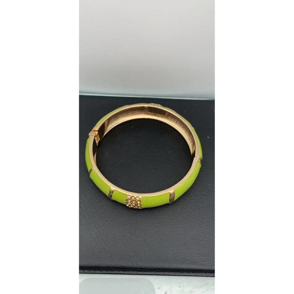 Gold Tone & Bright Green Enamel Rhinestone Bangle Hinged Clamper Bracelet